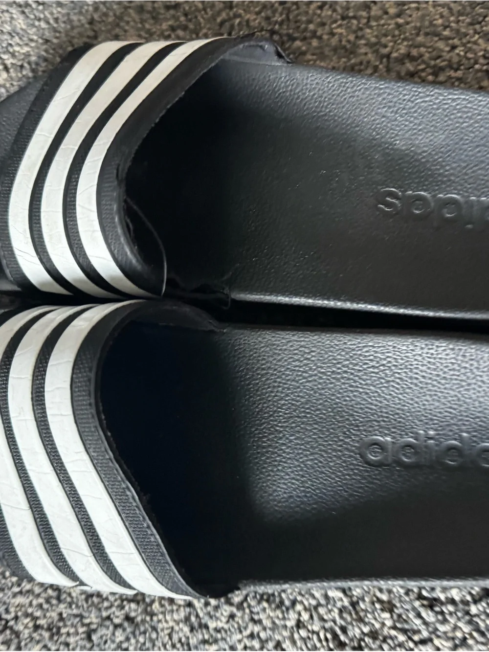 adidas Black Slide Sandals with White Three-Stripes — Kids